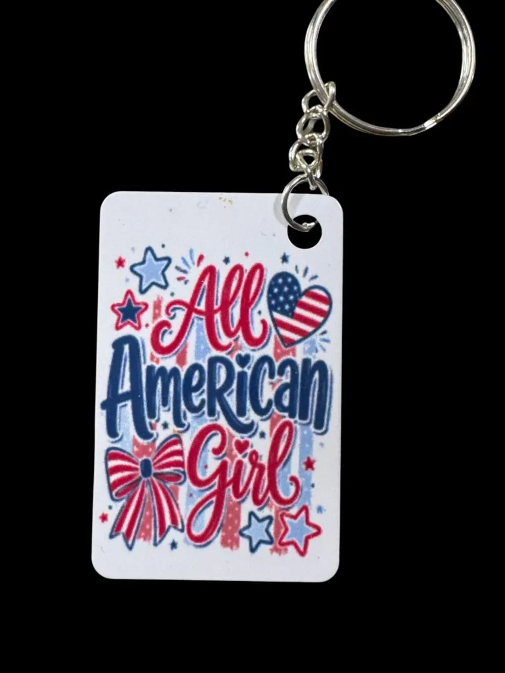 All American Girl Patriotic Metal Keychain, Red White and Blue USA Flag Design